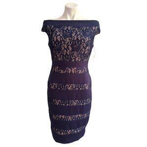 Jax NWT $119 Navy Lace Overlay Sheath Dress Off-Shoulder Neckline Women's Size 8